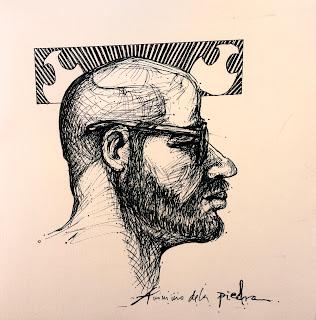 Dibujo contemporáneo realizado en tinta china por el artista plástico Anónimo de la Piedra en un cuaderno de artista el dibujo es un retrato con rasgos expresionistas realizado del natural sin AI ( Inteligencia Artificial )
