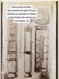 El Manuscrito de Sibiu y la tecnologĂa espacial antigua. IlustraciĂłn del siglo XVI en el Manuscrito de Sibiu que muestra un cohete espacial de tres etapas.