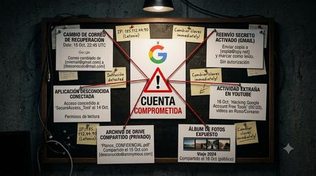 Tablero de investigación con señales de una cuenta de Google comprometida