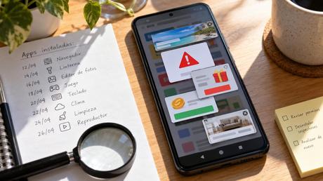 Celular Android cubierto por anuncios emergentes mientras se revisa una lista de aplicaciones instaladas