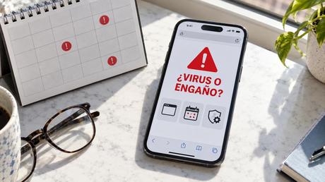 iPhone mostrando una falsa alerta de virus junto a un calendario con eventos sospechosos