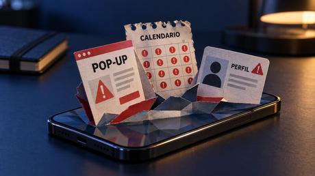 Pop-up, calendario con alertas y perfil desconocido emergiendo de un iPhone