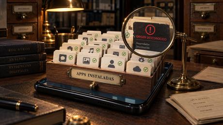 Archivo de aplicaciones instaladas con una app de origen desconocido bajo una lupa