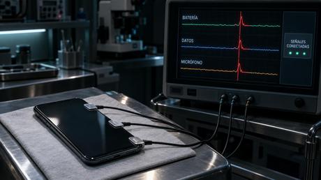 Celular conectado a un monitor que relaciona picos de batería, datos y micrófono