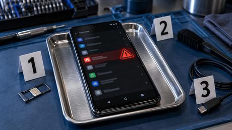 Celular Android aislado en una bandeja técnica con una aplicación maliciosa señalada y una secuencia de limpieza