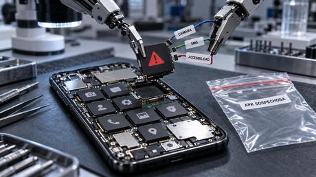 Brazos robóticos retiran una APK sospechosa y desconectan sus permisos de cámara, SMS y accesibilidad