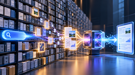 Sistema RAG recuperando fragmentos relevantes de una biblioteca de información para generar una respuesta con inteligencia artificial