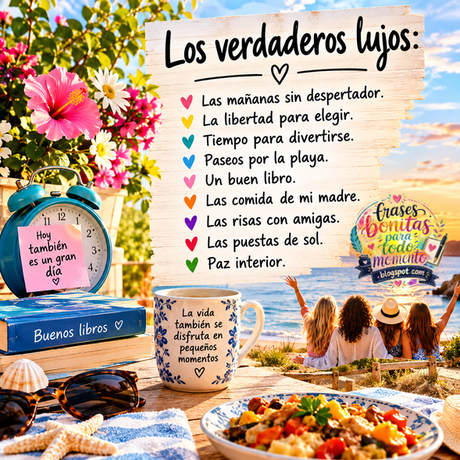Los verdaderos lujos: Las mañanas sin despertador. La libertad para elegir. Tiempo para divertirse. Paseos por la playa. Un buen libro. Las comida de mi madre. Las risas con amigas. Las puestas de sol. Paz interior.