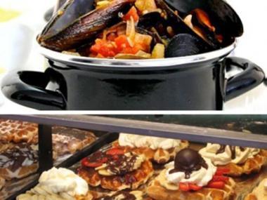 Mejillones, patatas fritas y waffles