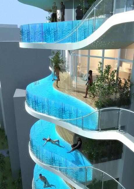 Pisos de lujo con piscinas de cristal en la terraza en la India