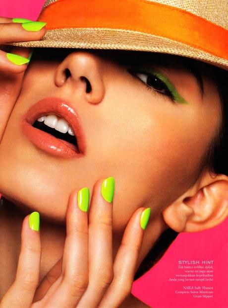 ELLE Indonesia Model: Kamila Photographer: Glenn Prasetya Styled by: Zefanya Deby nails nail polish manicure glossy shiny bright accessories hats sunglasses bags patent beauty editorial spring summer  