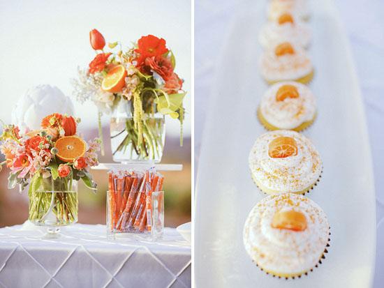Una mesa alegre y elegante en blanco y naranja