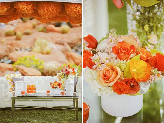 Una mesa alegre y elegante en blanco y naranja