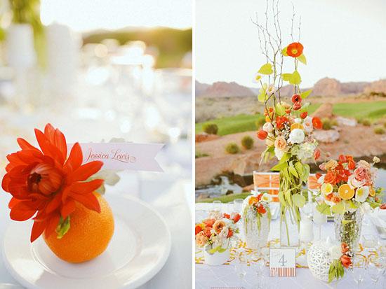 Una mesa alegre y elegante en blanco y naranja