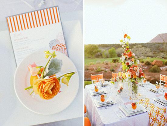 Una mesa alegre y elegante en blanco y naranja