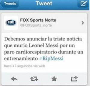 FOX SPORT ANUNCIÓ LA MUERTE DE MESSI, EN TWITER