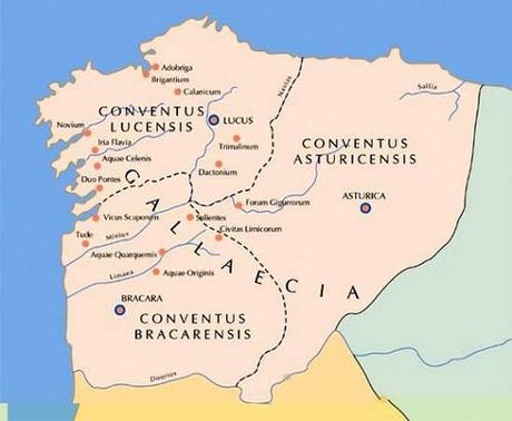 MAPA DE LA ANTIGUA GALLAECIA, CON LOS TRES CONVENTOS JURÍDICOS Y SUS RESPECTIVAS CAPITALES