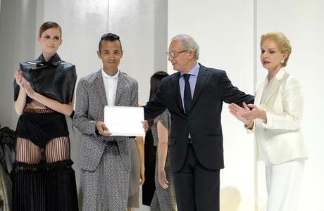 Wisharawish Akarasantisook of Thailand (2ndL) receives the Mango Button 2012 award by Isak Andic and Carolina Herrera at the 4th Mango Fashion Awards 2012 Gala held at the Museu Nacional d'Art de Catalunya on May 30, 2012 in Barcelona, Spain.