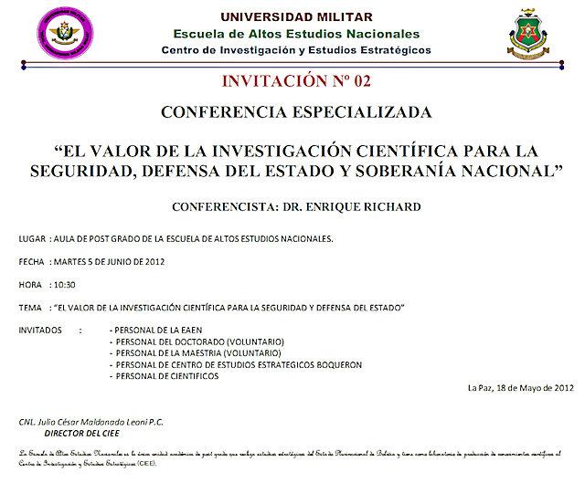 CONFERENCIA: El valor de la investigación científica para la seguridad, defensa del estado y soberanía nacional - Escuela de Altos Estudios Nacionales - Estado Mayor, La Paz, Bolivia