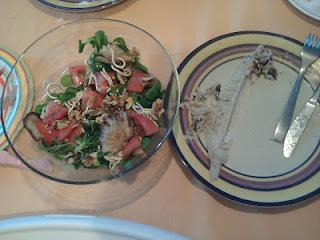 cena lenguado y ensalada tibia de setas y gulas