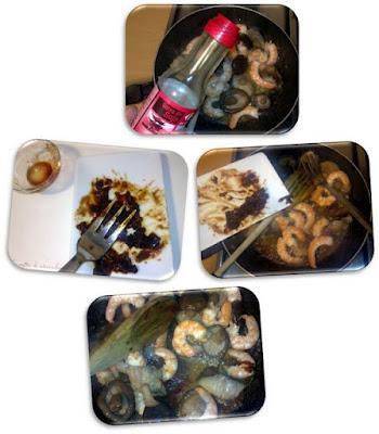 Wok de langostinos con bambú y setas sobre pan de gambas