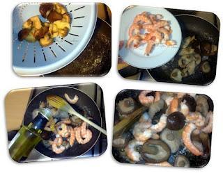 Wok de langostinos con bambú y setas sobre pan de gambas