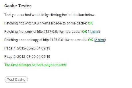 WP Super Cache, Test Cache resultados