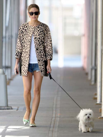 Olivia Palermo pasea a su mascota con shorts y abrigo felino. Consigue su look