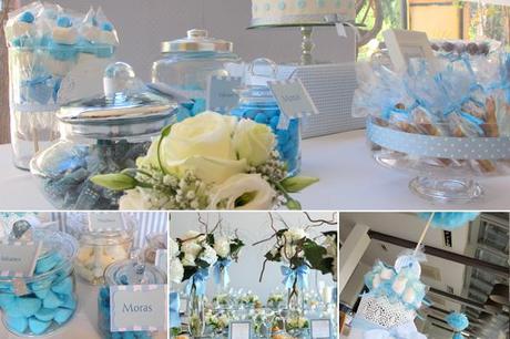 mesa decorada en azul con dulces