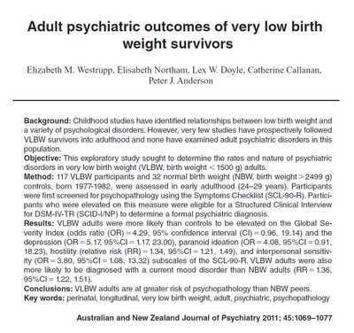 Tratornos mentales en la adultez de sobrevivientes de bajo peso al nacer - Westrupp y col.