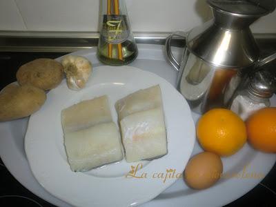 Bacalao con mayonesa de naranja y falso pilpil de patatas