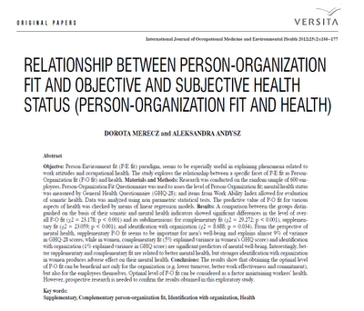 Relación entre el ajuste persona-organización y estado de salud objetivo y subjetivo - Merecz y Andysz
