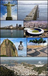 From the top, left to right: Christ the Redeemer, Rio–Niterói bridge, Downtown from the Guanabara Bay, Maracanã Stadium, Sugarloaf cable car, the pavement of Copacabana Beach, and panorama of the city taken from Corcovado.- Wikipedia