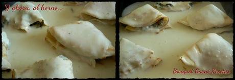 Pañuelitos de atún, espinaca y hongos con salsa de queso Pañuelitos de atún, espinaca y hongos con salsa de queso