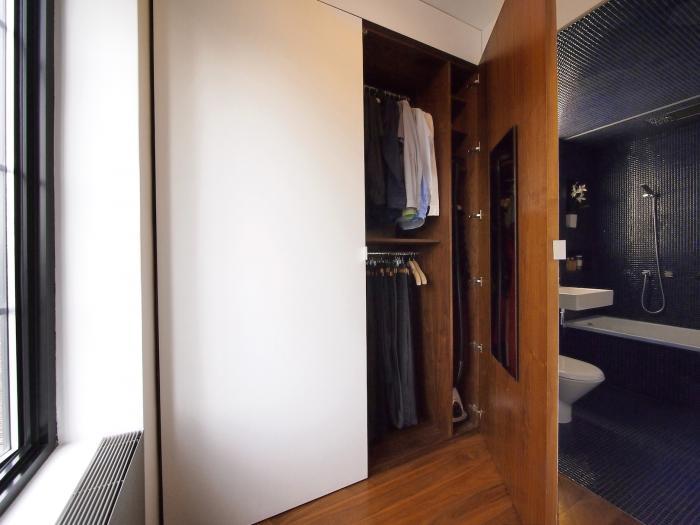 Transformer-Apartment-Studio-Garneau-wood-floors-white-walls-bathroom-cobalt-blue-mosaic-tiles