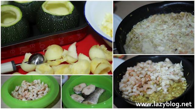 Receta de calabacines rellenos de merluza y gambas