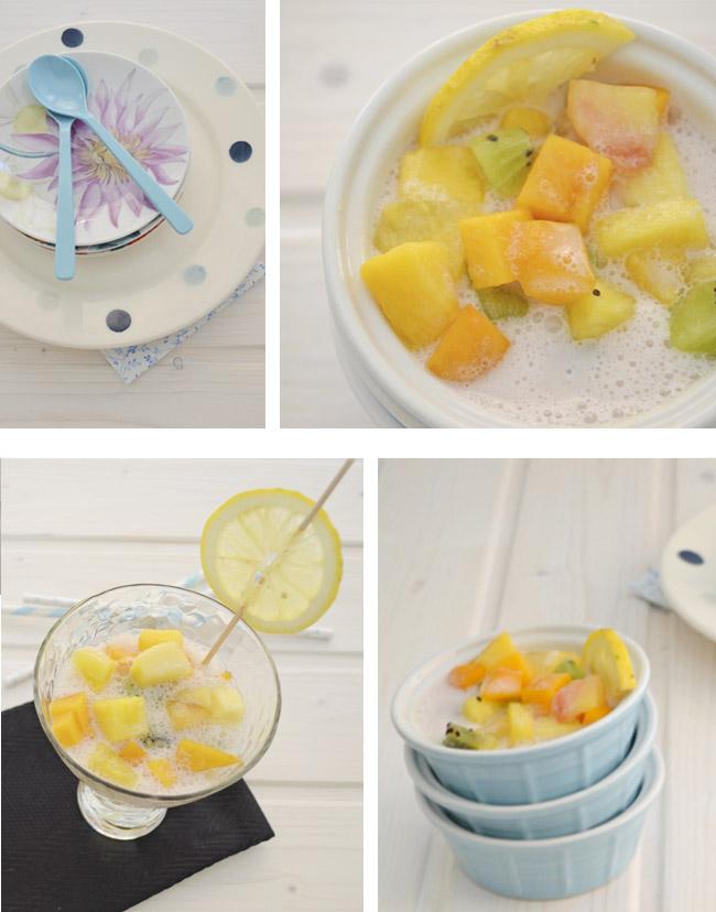 Sopa de frutas exoticas al sorbete de lambrusco
