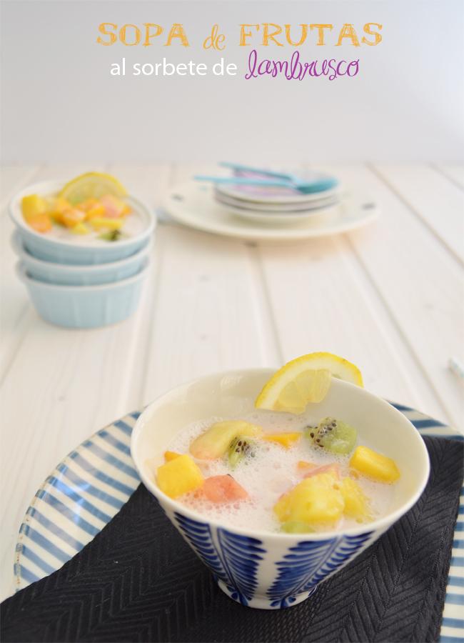 Sopa de frutas exoticas al sorbete de lambrusco