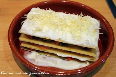 Lasaña de verduras con gambas