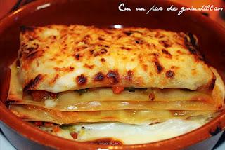 Lasaña de verduras con gambas