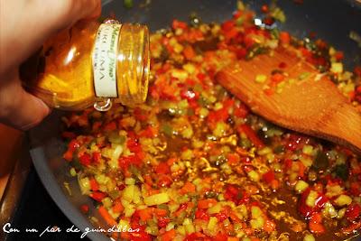 Lasaña de verduras con gambas