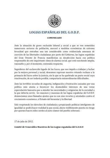 La Gran Logia Simbólica de España, emite público comunicado contra la crisis en España
