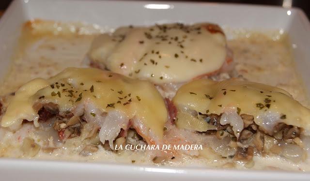 GAMBAS BLANCAS RELLENAS DE CHAMPIÑÓN  Y JAMÓN