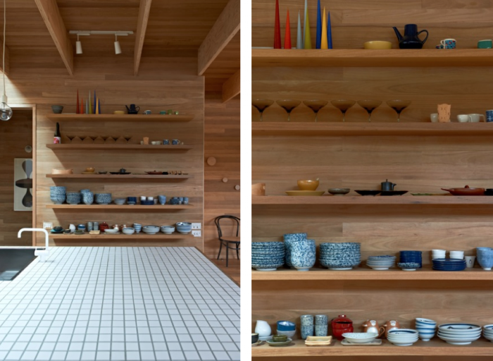 O'Connor-Houle-Melbourne-Mornington-Peak-wood-kitchen-white-tile-counter-exposed-shelves-blue-white-Japanese-ceramics