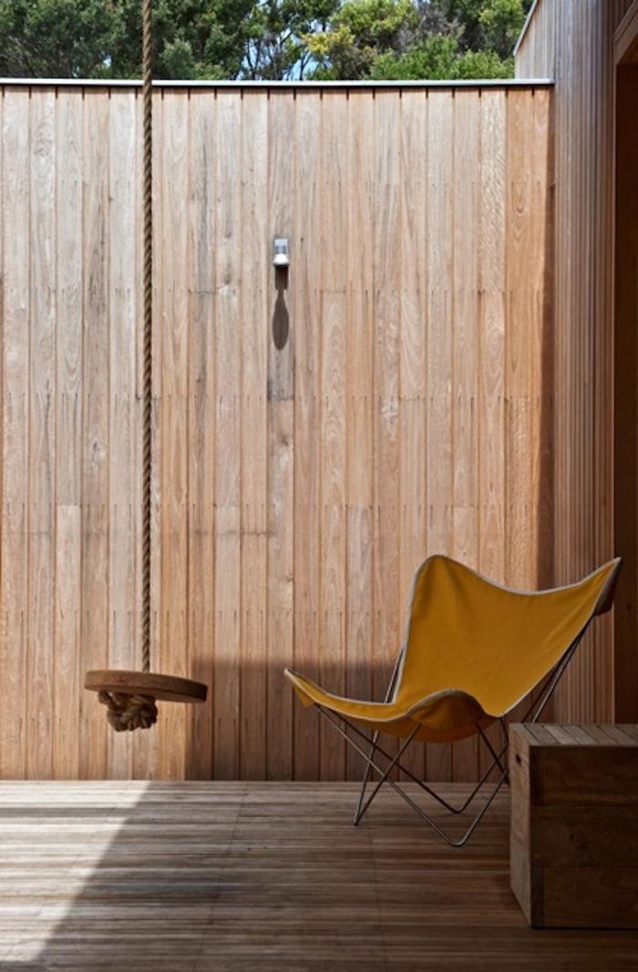 O'Connor-Houle-Melbourne-Mornington-Peak-wood-lined-master-outdoor-room-wood-swing-yellow-butterfly-chair