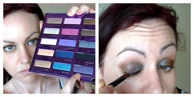 Maquillaje en dorado, verde y lila