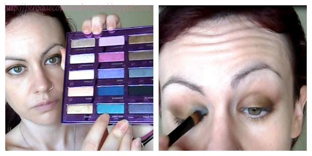 Maquillaje en dorado, verde y lila