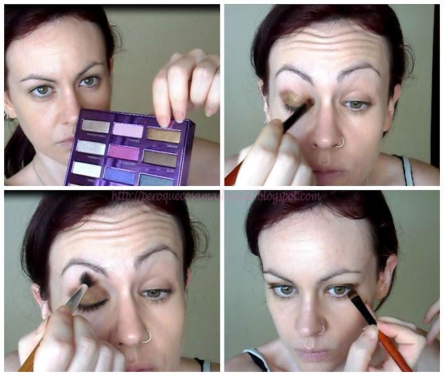 Maquillaje en dorado, verde y lila