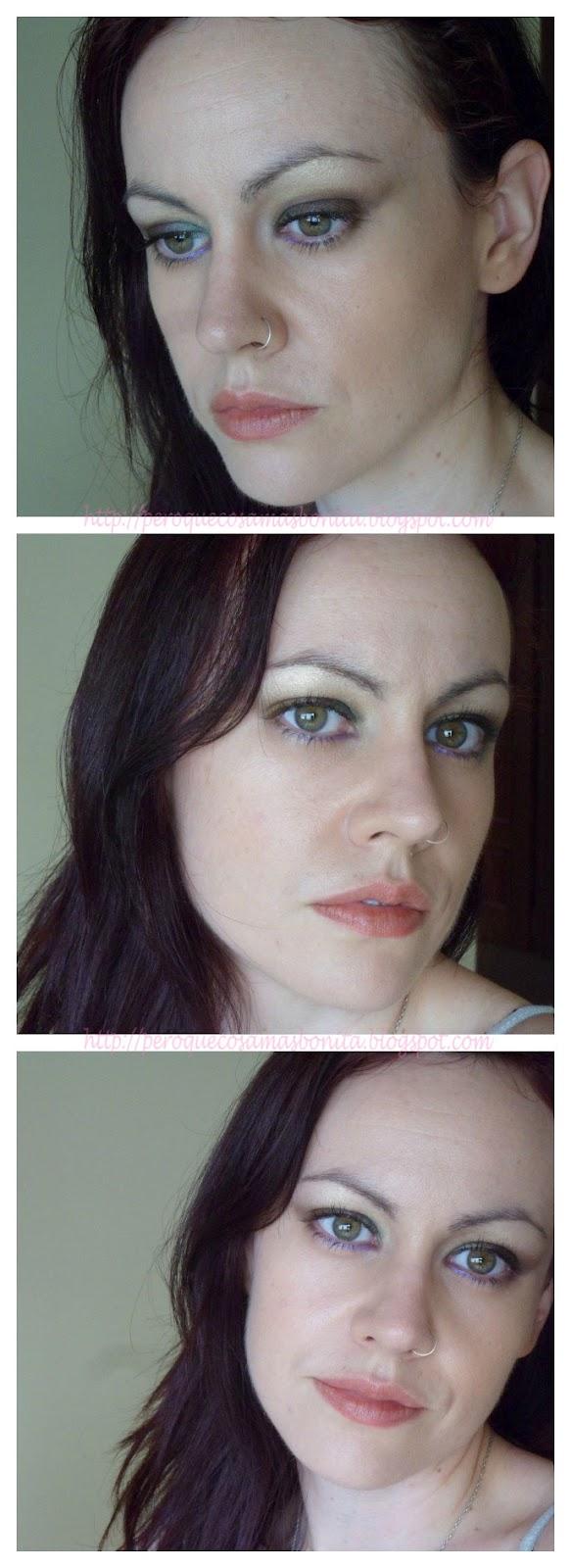 Maquillaje en dorado, verde y lila