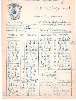 Planilla original de la partida Ribera-Capdevila, Torneo Regional de Ajedrez de Vic 1940